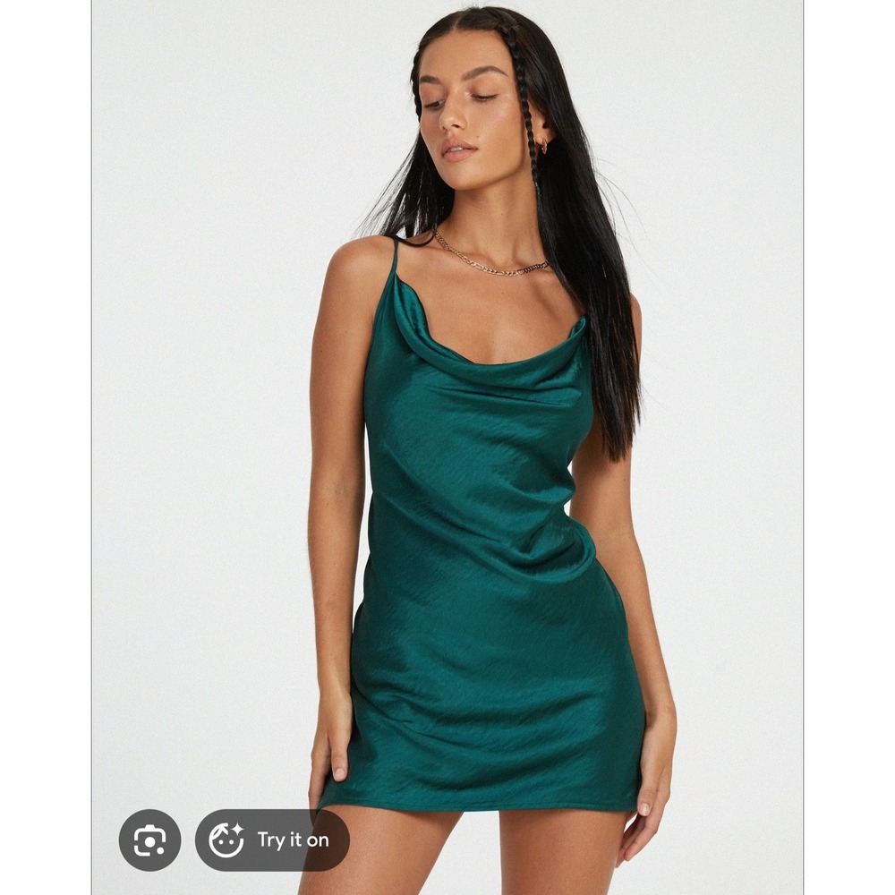 Motel Rocks Paiva Dress Forest Green Satin Cowl Neck Mini Slip Dress XL NEW